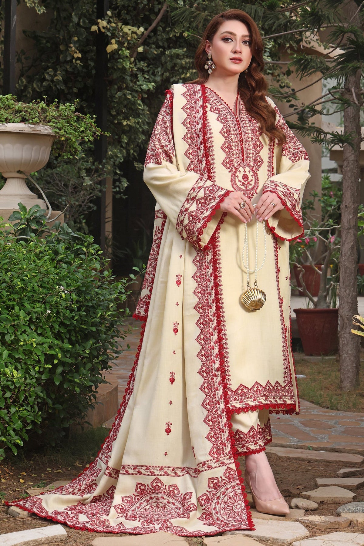 ASIM JOFA-3PC DHANAK EMBROIDERED SHIRT WITH DHANAK EMBROIDERED SHAWL & TROUSER-BIC-4304