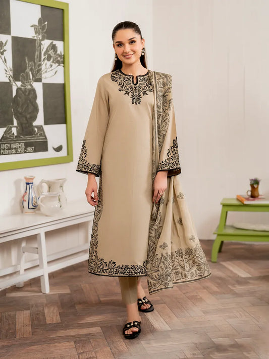 GRANEUT-3PC DHANAK EMBROIDERED SHIRT WITH COUTURE PRINT SHAWL AND TROUSER-RP105