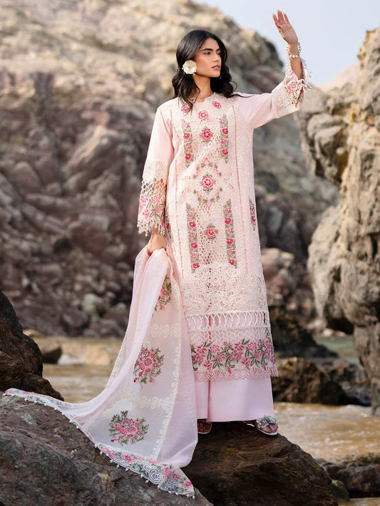 MAHNUR-3PC LAWN LASER WORK EMBROIDERED SHIRT WITH KHAADI NET EMBROIDERED DUPATTA AND TROUSER-RP-4762