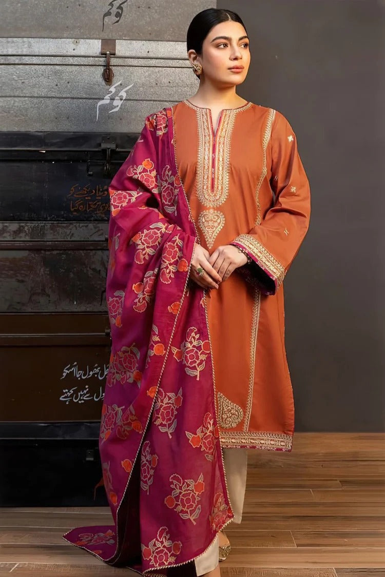 ZARA SHAH JAHAN-3PC DHANAK EMBROIDERED SHIRT WITH COURTRAI PRINTED SHAWL AND TROUSER-BIC-4121