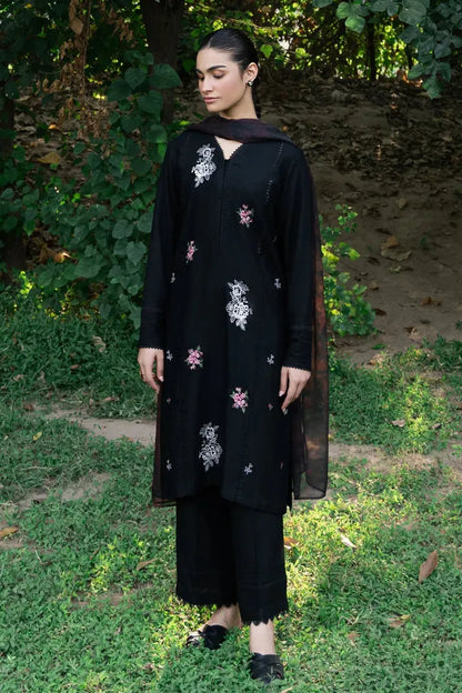 ZIVA - 3PC DHANAK EMBROIDERED SHIRT WITH TWILL PRINTED SHAWL & TROUSER-RP-3399