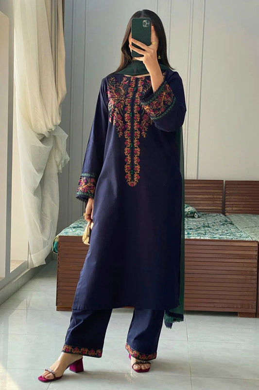 BRANDSINN-3PC DHANAK EMBROIDERED SHIRT WITH BAMBER CHIFFON DUPATTA AND EMB TROUSER-BIC-4076