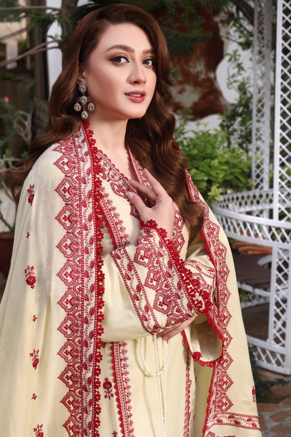 ASIM JOFA-3PC DHANAK EMBROIDERED SHIRT WITH DHANAK EMBROIDERED SHAWL & TROUSER-BIC-4304