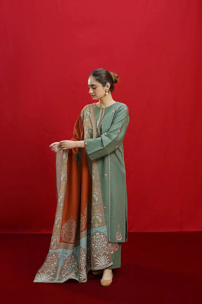 URGE-3PC DHANAK EMBROIDERED SHIRT WITH COUTURE PRINTED SHAWL & EMB TROUSER-BIC-3360