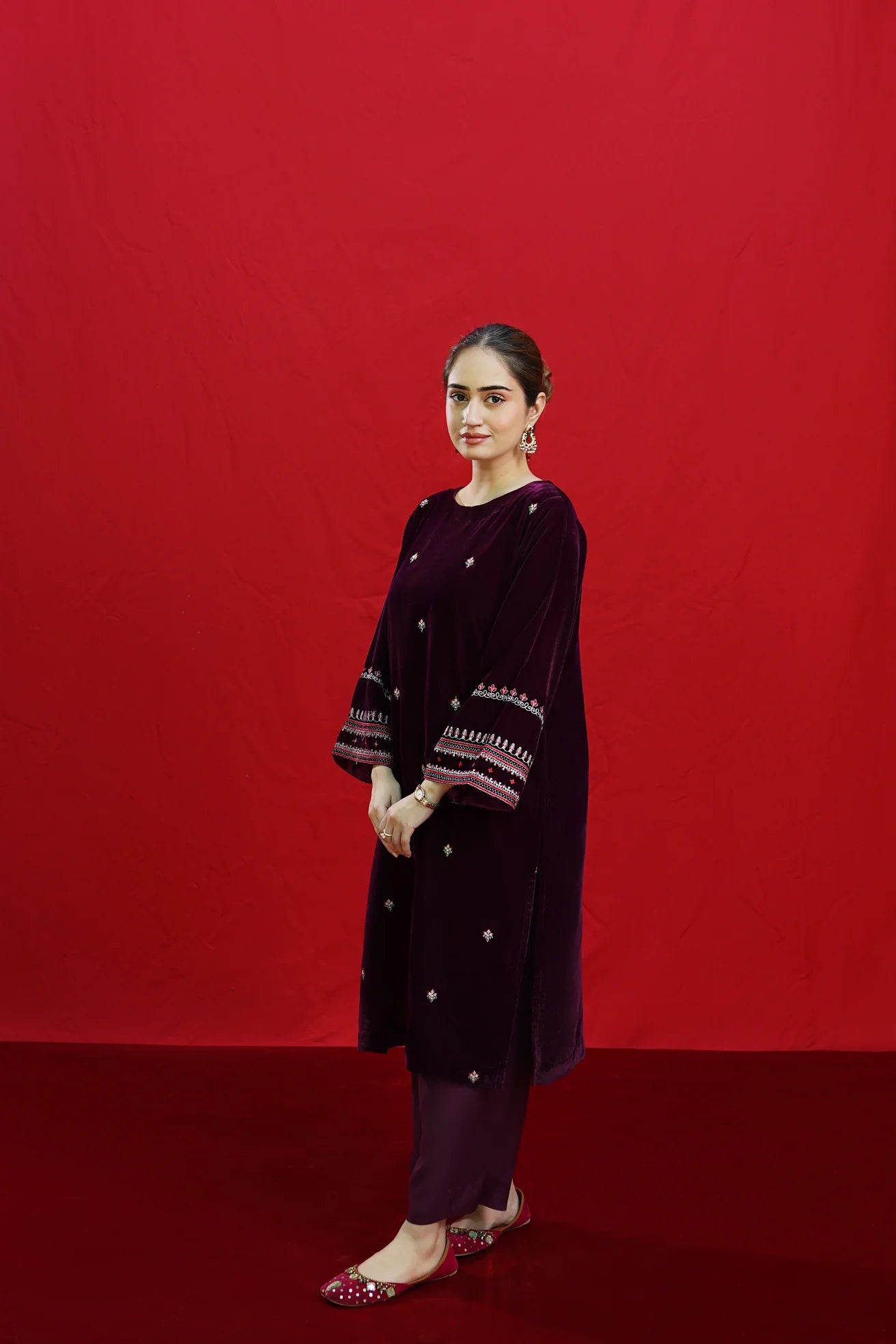 URGE-2PC VELVET EMBROIDERED SHIRT WITH VELEVT EMBROIDERED SLEEVES-BIC-D-19-MICROO-9000