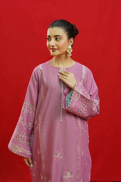 URGE-3PC KHADDAR EMBROIDRED SHIRT WITH WOOL PRINTED SHAWL & EMB TROUSER-RP-3383