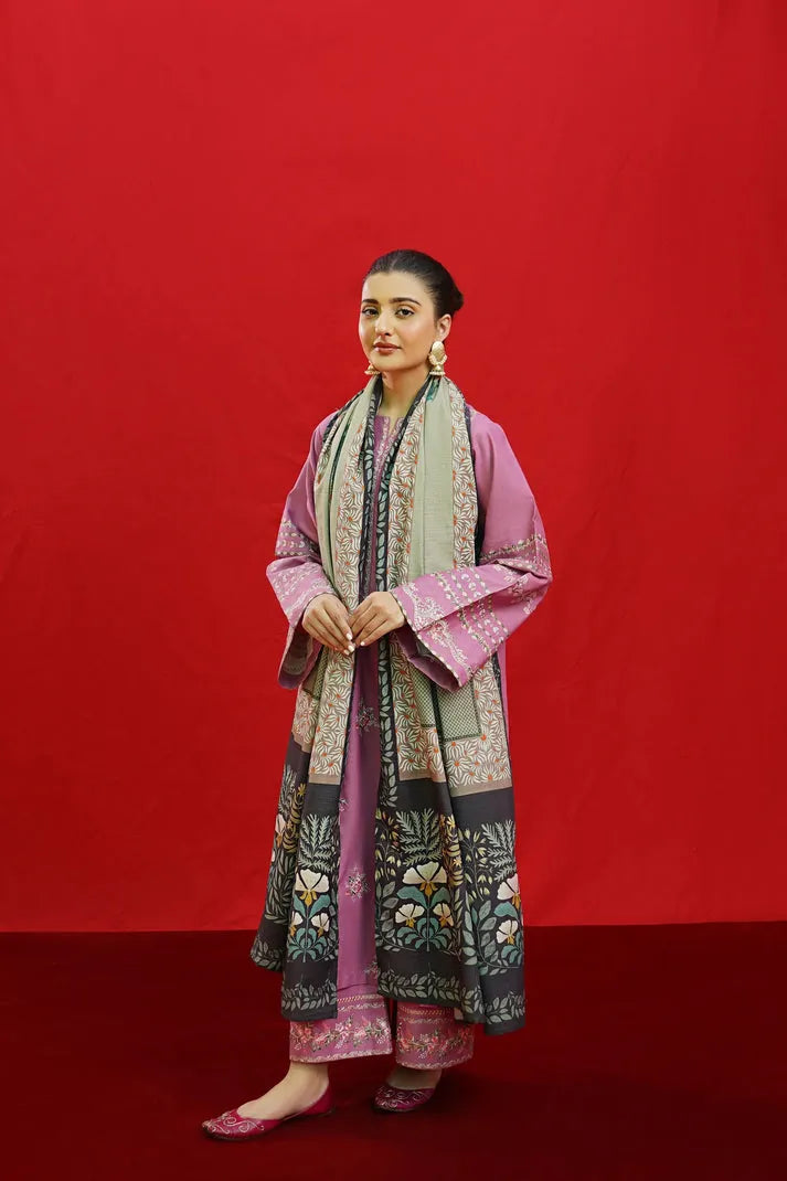 URGE-3PC KHADDAR EMBROIDRED SHIRT WITH WOOL PRINTED SHAWL & EMB TROUSER-RP-3383