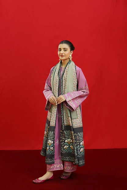 URGE-3PC KHADDAR EMBROIDRED SHIRT WITH WOOL PRINTED SHAWL & EMB TROUSER-RP-3383