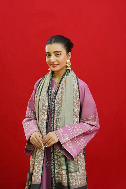 URGE-3PC KHADDAR EMBROIDRED SHIRT WITH WOOL PRINTED SHAWL & EMB TROUSER-RP-3383