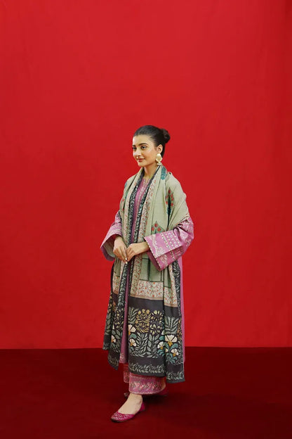 URGE-3PC KHADDAR EMBROIDRED SHIRT WITH WOOL PRINTED SHAWL & EMB TROUSER-RP-3383