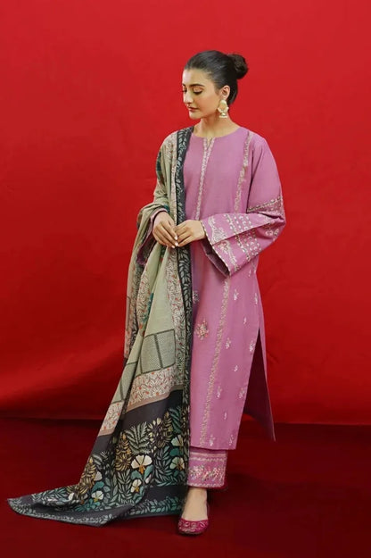 URGE-3PC KHADDAR EMBROIDRED SHIRT WITH WOOL PRINTED SHAWL & EMB TROUSER-RP-3383