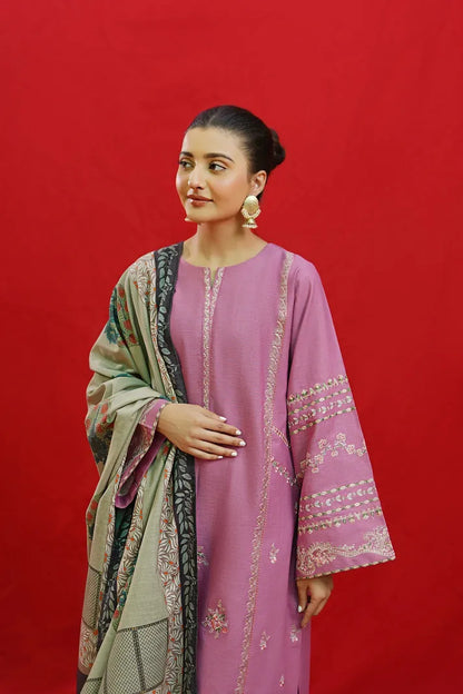 URGE-3PC KHADDAR EMBROIDRED SHIRT WITH WOOL PRINTED SHAWL & EMB TROUSER-RP-3383