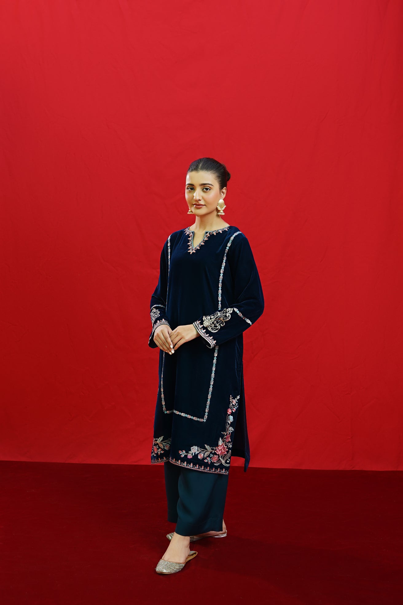 URGE -2PC Velvet Heavy Embroidered Shirt With Velvet Embroidered Sleeves-BIC-D23