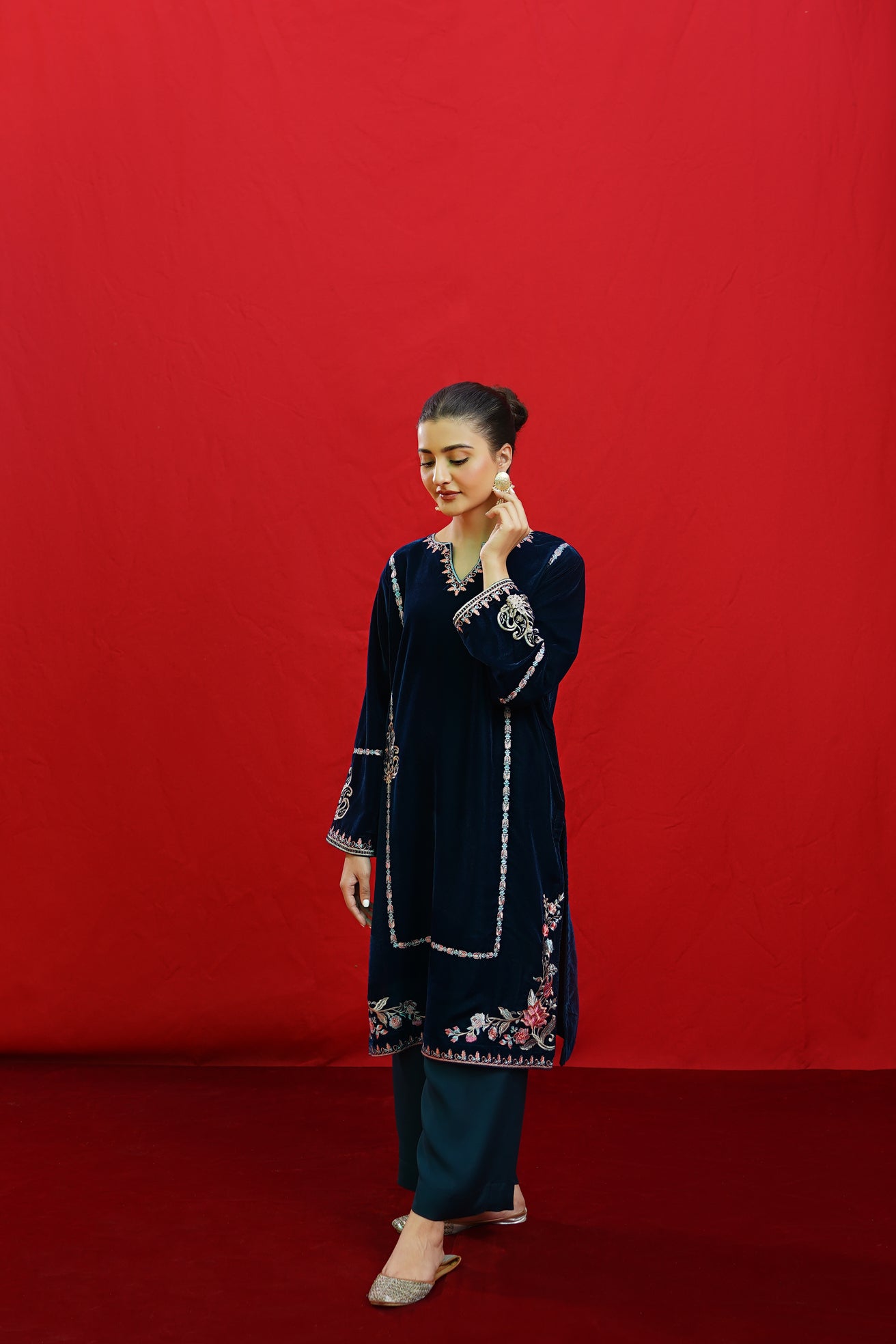 URGE -2PC Velvet Heavy Embroidered Shirt With Velvet Embroidered Sleeves-BIC-D23