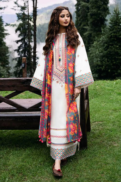 SAPPHIRE- 3PC DHANAK EMBROIDERED SHIRT WITH KOTAIL PRINT SHAWL AND TROUSER-RP120