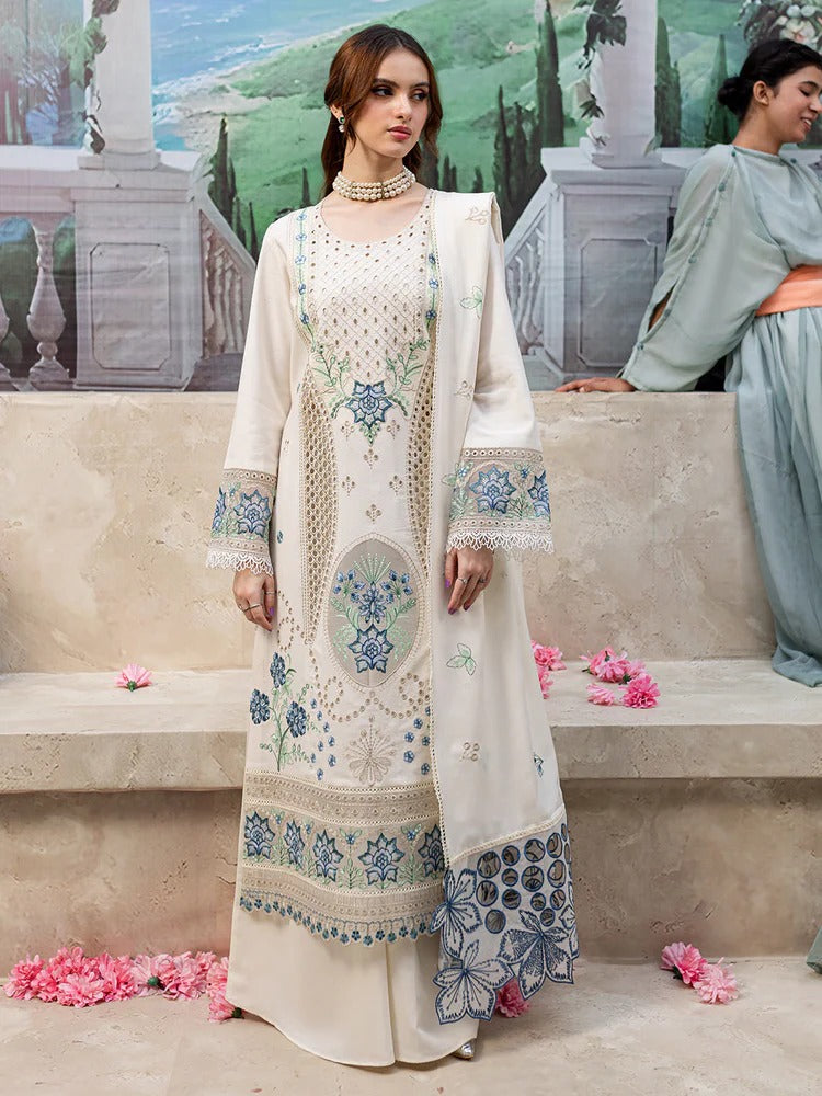 MAHNUR-3PC DHANAK LASER CUT EMB SHIRT WITH DHANAK LASERCUT EMB DUPATTA & TROUSER-BIC-4103