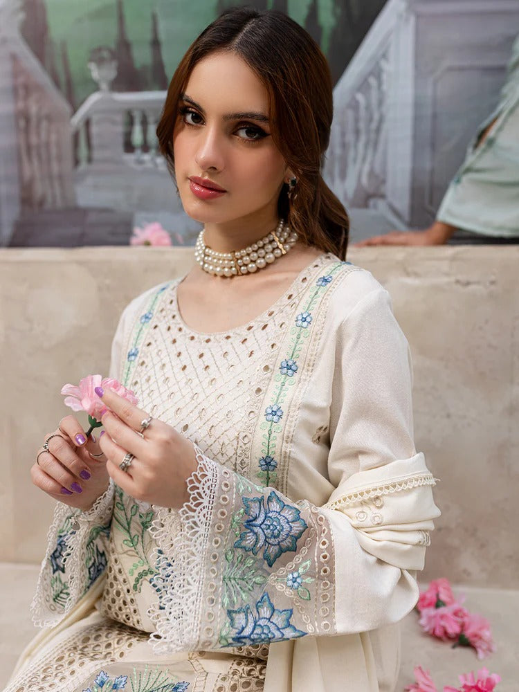 MAHNUR-3PC DHANAK LASER CUT EMB SHIRT WITH DHANAK LASERCUT EMB DUPATTA & TROUSER-BIC-4103