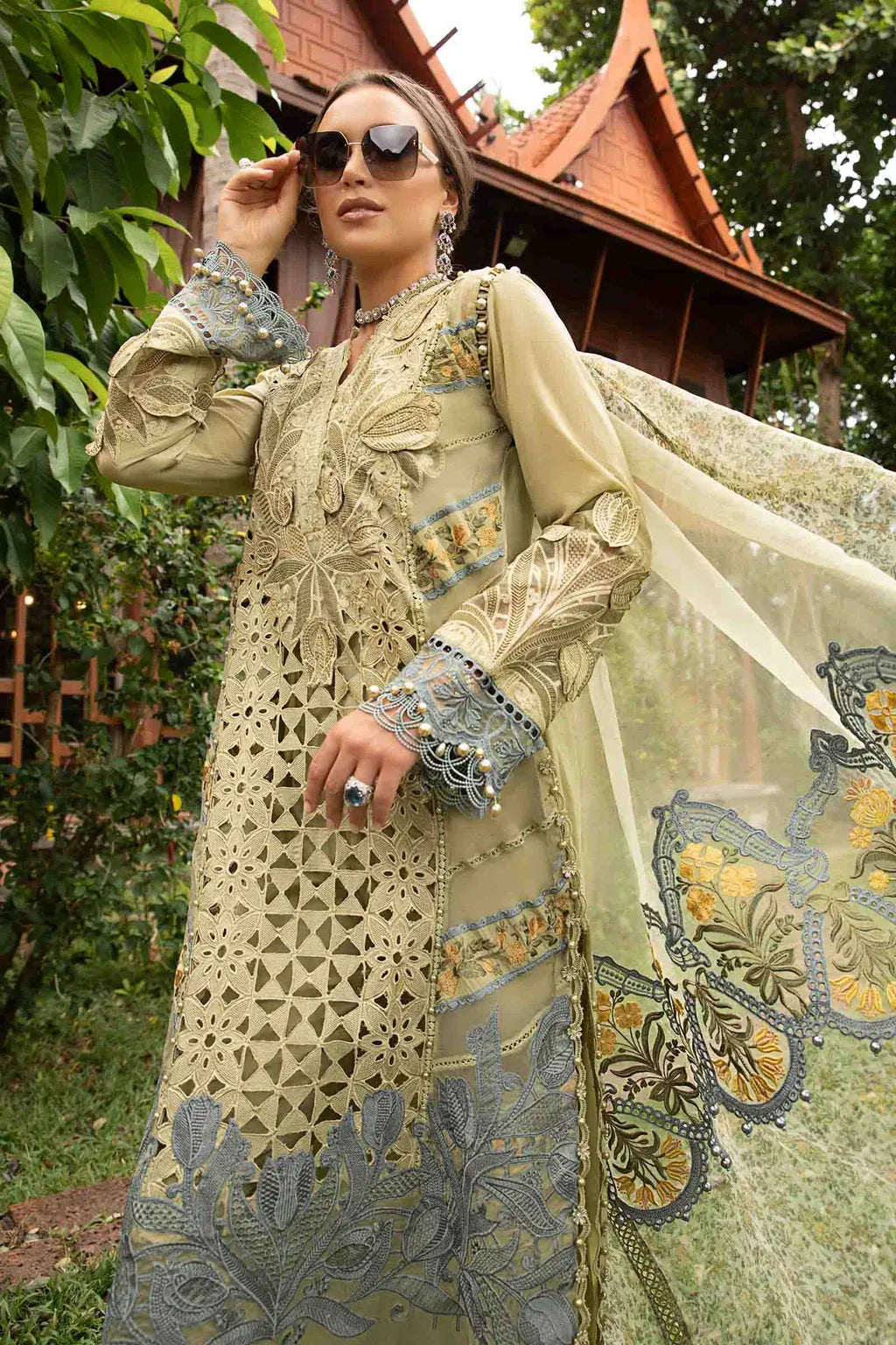 MARIA.B-3PC LAWN EMBROIDERED SHIRT WITH EMBROIDERED ORGANZA DAMAN CHIFFON PRINTED EMB DUPATTA AND EMB TROUSER-RP-4606
