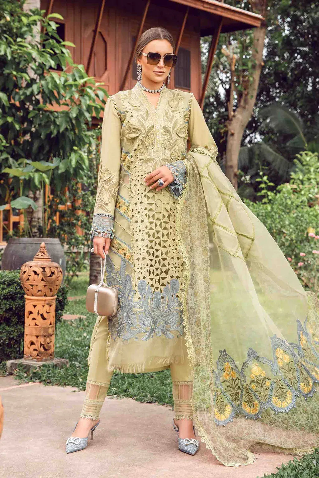 MARIA.B-3PC LAWN EMBROIDERED SHIRT WITH EMBROIDERED ORGANZA DAMAN CHIFFON PRINTED EMB DUPATTA AND EMB TROUSER-RP-4606