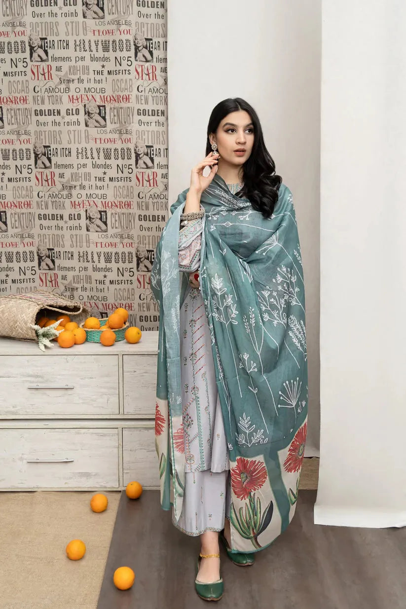 URGE - 3PC DHANAK EMBROIDERED SHIRT WITH COUTUTRE PRINTED SHAWL & EMB TROUSER-RP127