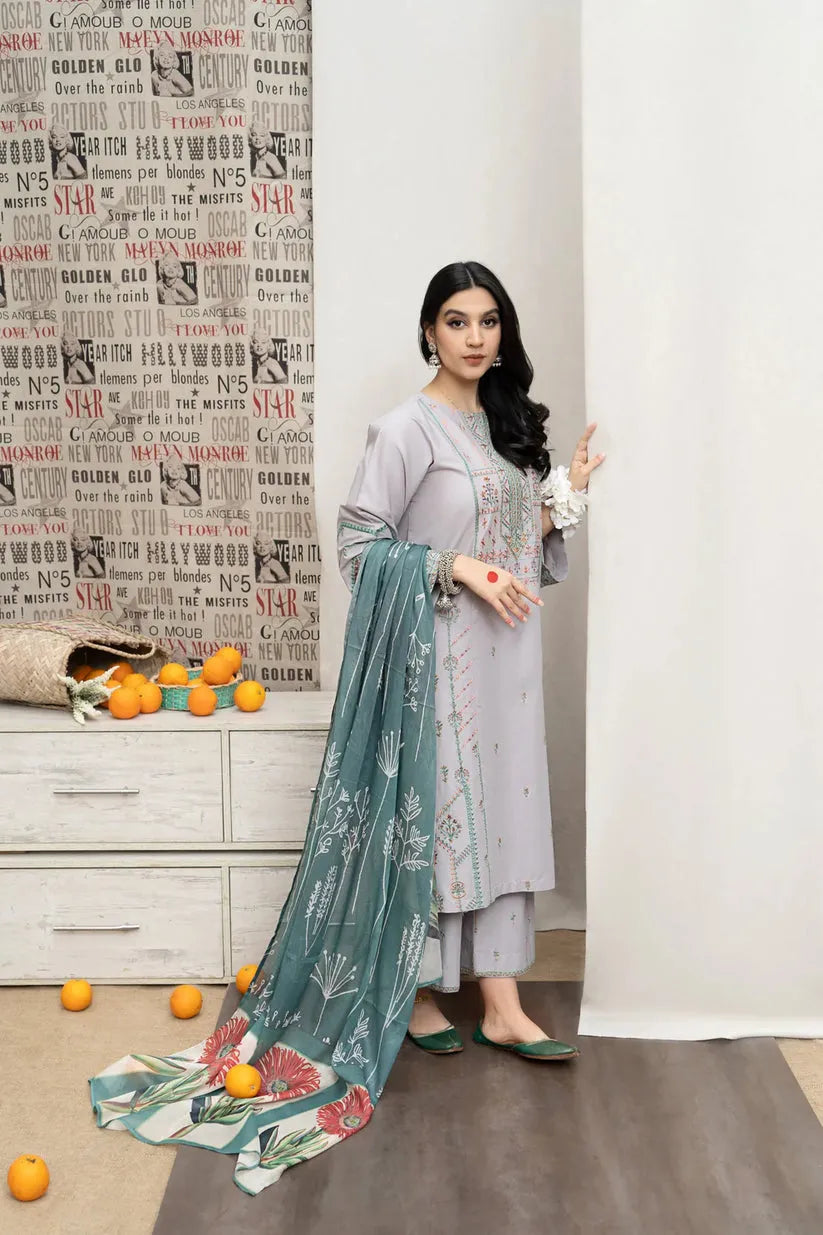 URGE - 3PC DHANAK EMBROIDERED SHIRT WITH COUTUTRE PRINTED SHAWL & EMB TROUSER-RP127