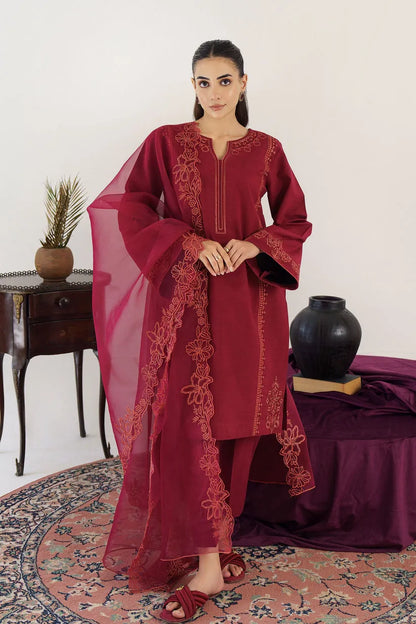 HANA- 3PC KHADAR EMBROIDERED SHIRT WITH ORGANZA EMBROIDRED DUPATTA AND TROUSER-106