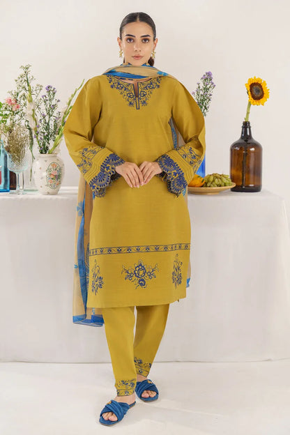 HANA- 3PC KHADAR EMBROIDERED SHIRT WITH COUTURE PRINT SHAWL AND TROUSER-RP113