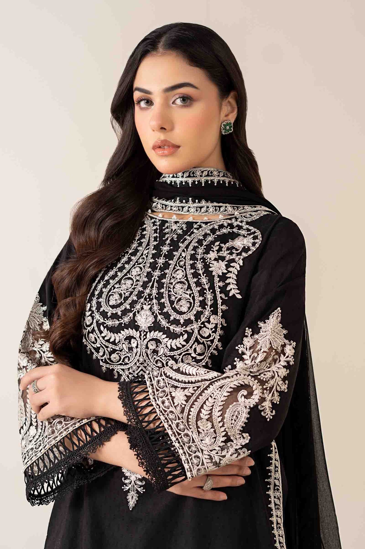 MARIA.B-3PC DHANAK EMBROIDERED SHIRT WITH BAMBER CHIFFON EMBROIDERED DUPATTA & TROUSER-BIC-4175