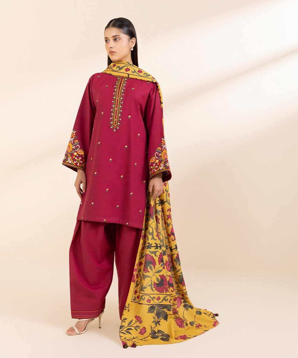 SAPPHIRE-3PC KHADDAR EMBROIDERED SHIRT WITH COURTRAI PRINTED SHAWL AND TROUSER-BIC-3373