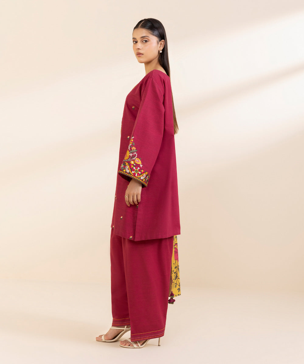 SAPPHIRE-3PC KHADDAR EMBROIDERED SHIRT WITH COURTRAI PRINTED SHAWL AND TROUSER-BIC-3373
