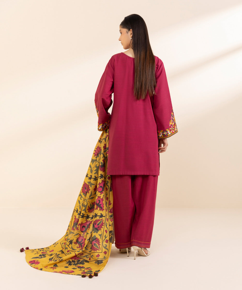SAPPHIRE-3PC KHADDAR EMBROIDERED SHIRT WITH COURTRAI PRINTED SHAWL AND TROUSER-BIC-3373