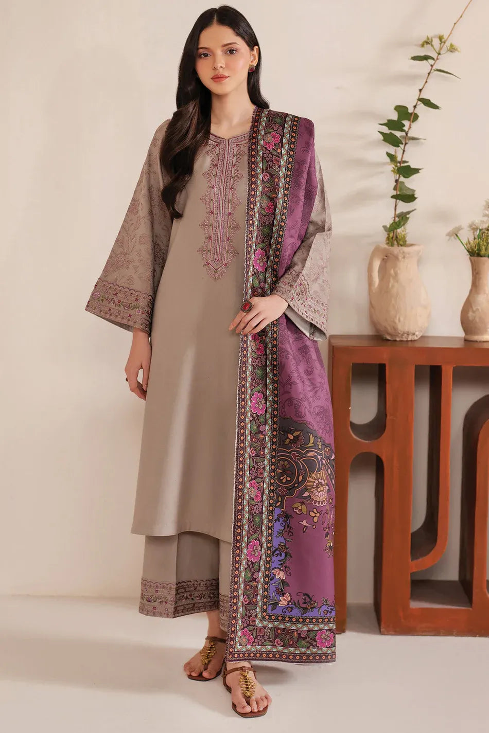 GARNET-3PC LAWN EMBROIDERED SHIRT WITH CHIFFON PRINTED DUPATTA AND EMB TROUSER-RP-4617
