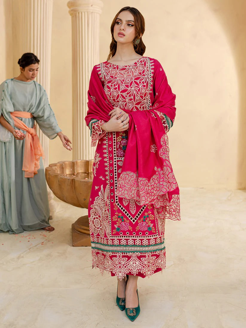 JAZMIN LAWN 3PC - LAWN LASERCUT EMB SHIRT WITH LAWN LASERCUT EMB READY TO WEAR DUPATTA AND LAWN DYED TROUSER | RP-3649