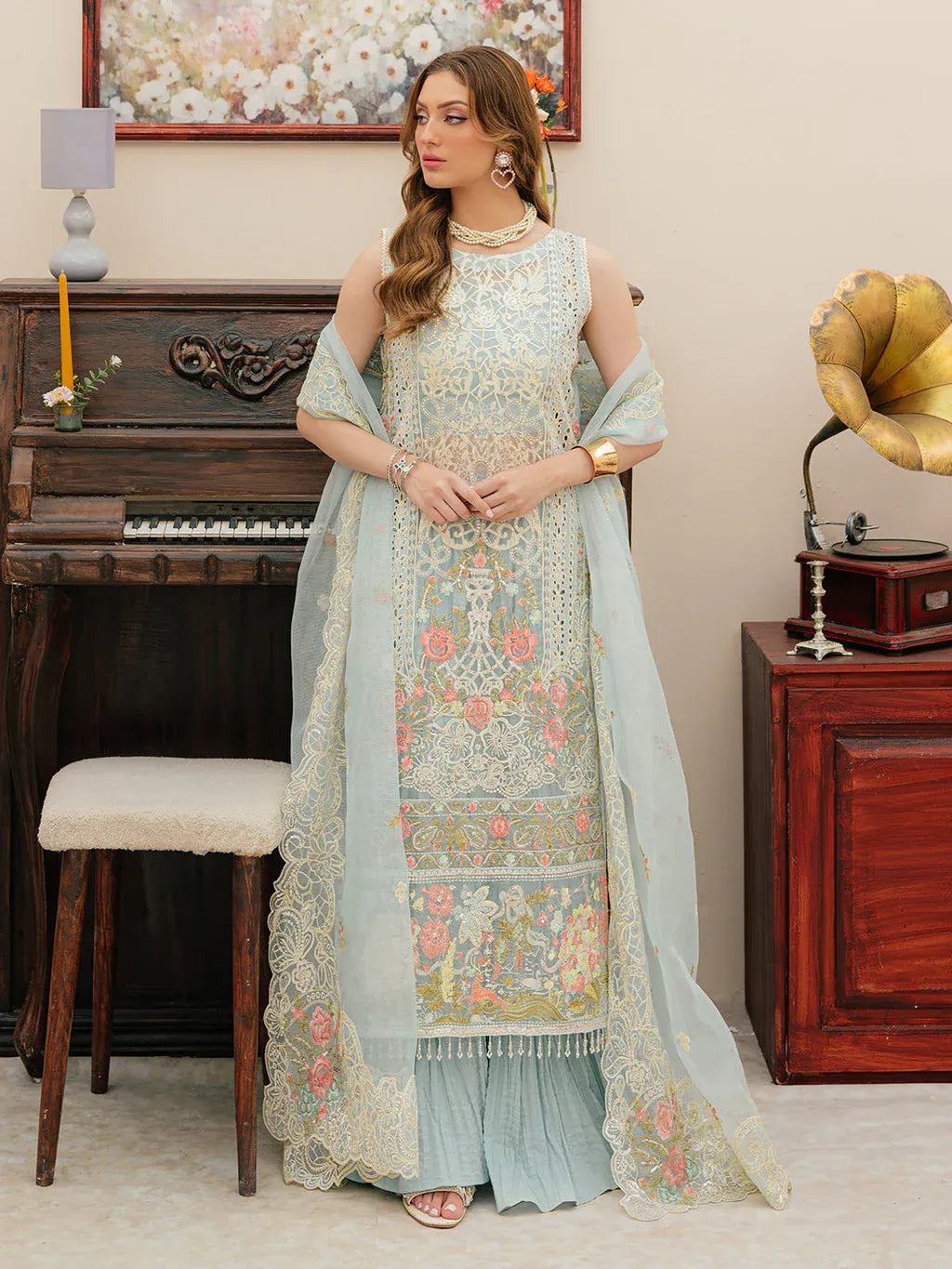 MAHNUR-3PC LAWN CHIKANKAARI EMBROIDERED SHIRT WITH KHAADI NET EMBROIDERED DUPATTA AND TROUSER -RP-4749