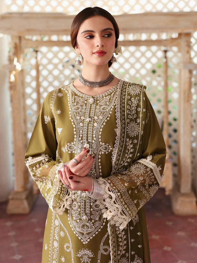 MAHNUR-3PC DHANAK EMBROIDERED SHIRT WITH DHANAK EMBROIDERED SHAWL & TROUSER-BIC-4033