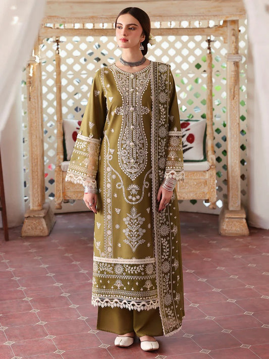 MAHNUR-3PC DHANAK EMBROIDERED SHIRT WITH DHANAK EMBROIDERED SHAWL & TROUSER-BIC-4033
