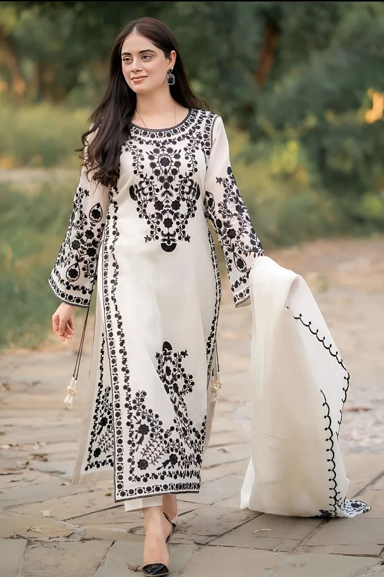 JAZMIN-3PC DHANAK EMBROIDERED SHIRT WITH DHANAK EMBROIDERED SHAWL & TROUSER-BIC-4205