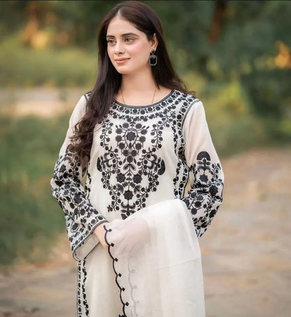 JAZMIN- DHANAK 3PC EMBROIDERED SHIRT WITH DHANAK EMBROIDERED SHAWL WITH TROUSER-RP132