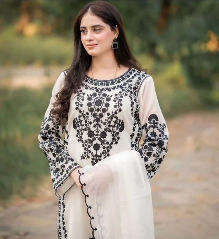 JAZMIN-3PC DHANAK EMBROIDERED SHIRT WITH DHANAK EMBROIDERED SHAWL & TROUSER-BIC-4205