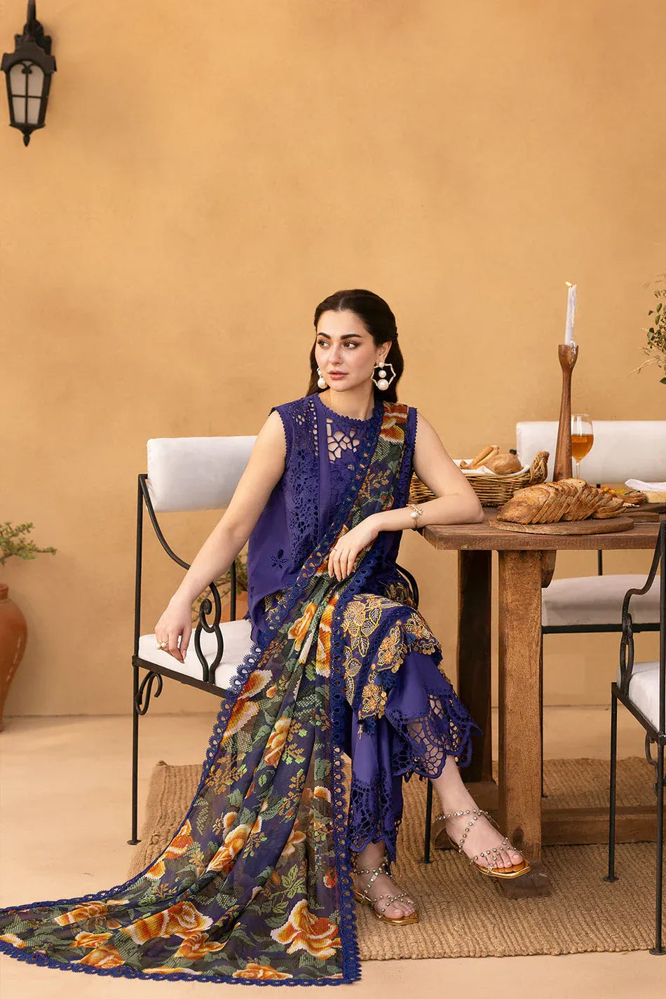 QALAMQAR-3PC LAWN EMBROIDERED SHIRT WITH CHIFFON PRINT DUPATTA AND TROUSER-RP-4693