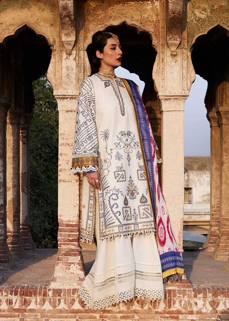 HUSSAIN REHAR--3PC KHADDAR HEAVY EMBROIDERED SHIRT WITH COUTRAI WOOL PRINT SHAWL AND TROUSER-BIC-4094