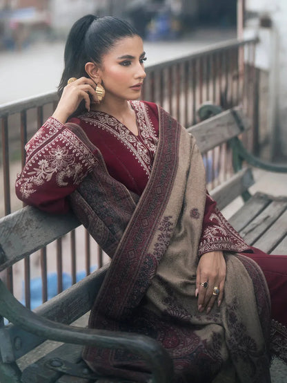 IZEL-3PC DHANAK EMBROIDERED SHIRT WITH COUTURE PRINT SHAWL AND TROUSER-RP136