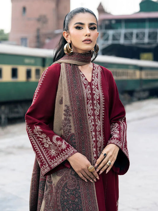 IZEL-3PC DHANAK EMBROIDERED SHIRT WITH COUTURE PRINT SHAWL AND TROUSER-RP136