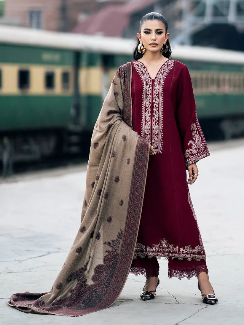 IZEL-3PC DHANAK EMBROIDERED SHIRT WITH COUTURE PRINT SHAWL AND TROUSER-RP136