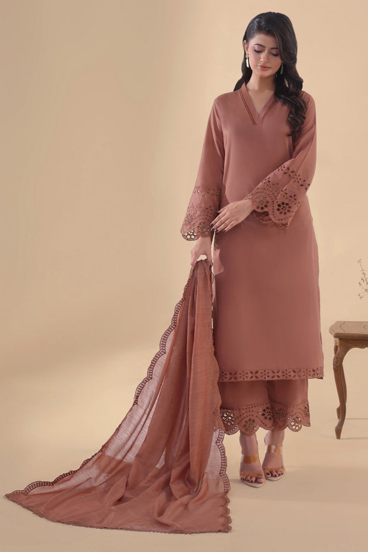 SAPPHIRE-3PC DHANAK EMBROIDERED SHIRT WITH KHADDI NET EMB DUPATTA AND TROUSER-BIC-4263