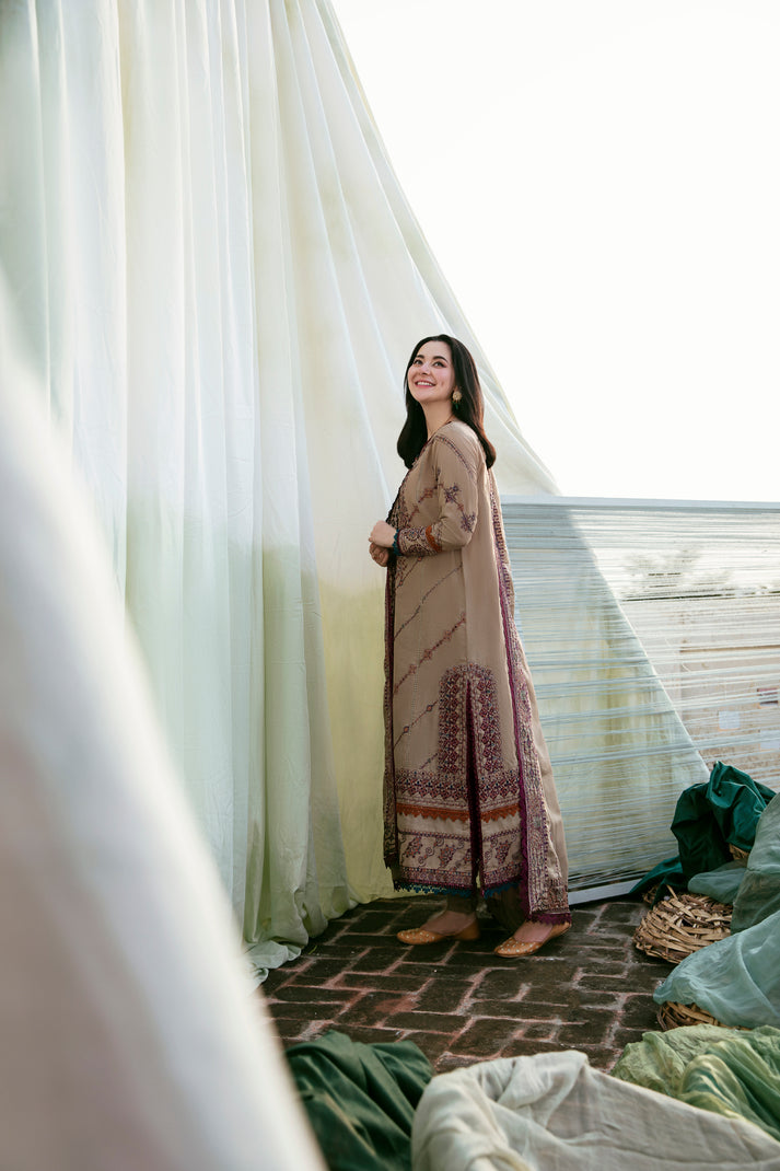 FLORENT-3PC DHANAK EMBROIDERED SHIRT WITH DHANAK EMBROIDERED SHAWL & TROUSER-BIC-4148