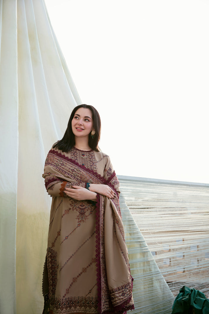 FLORENT-3PC DHANAK EMBROIDERED SHIRT WITH DHANAK EMBROIDERED SHAWL & TROUSER-BIC-4148