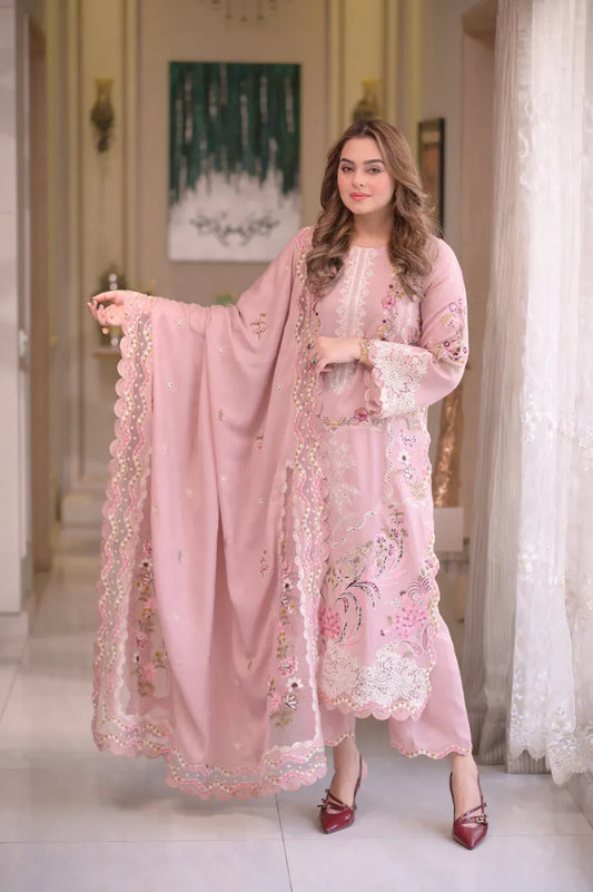 ANEELAS-3PC LAWN CHIKAN EMBROIDERED SHIRT WITH LAWN EMB DUPATTA AND TROUSER-RP-4667