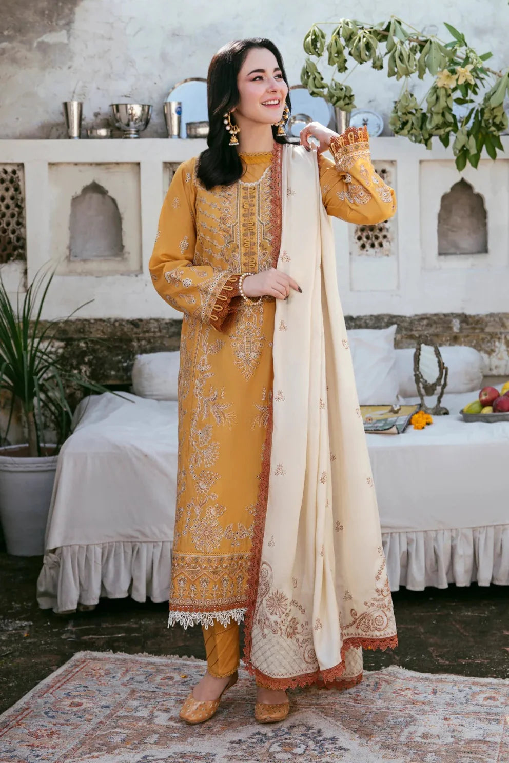 FLORENT-3PC DHANAK EMBROIDERED SHIRT WITH DHANAK EMBROIDERED SHAWL AND TROUSER BIC-4150