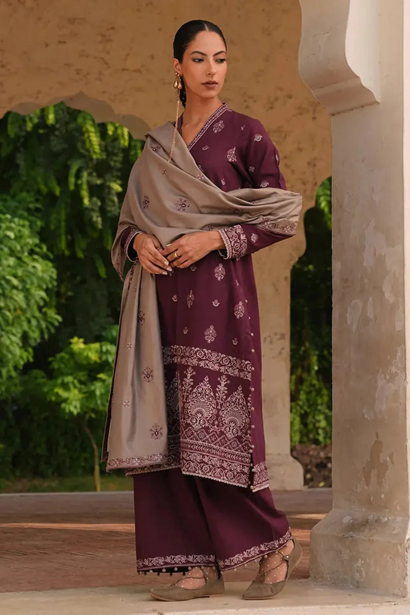 IMAGE-3PC DHANAK EMBROIDERED SHIRT DHANAK EMBROIDERED SHAWL AND TROUSER-RP135